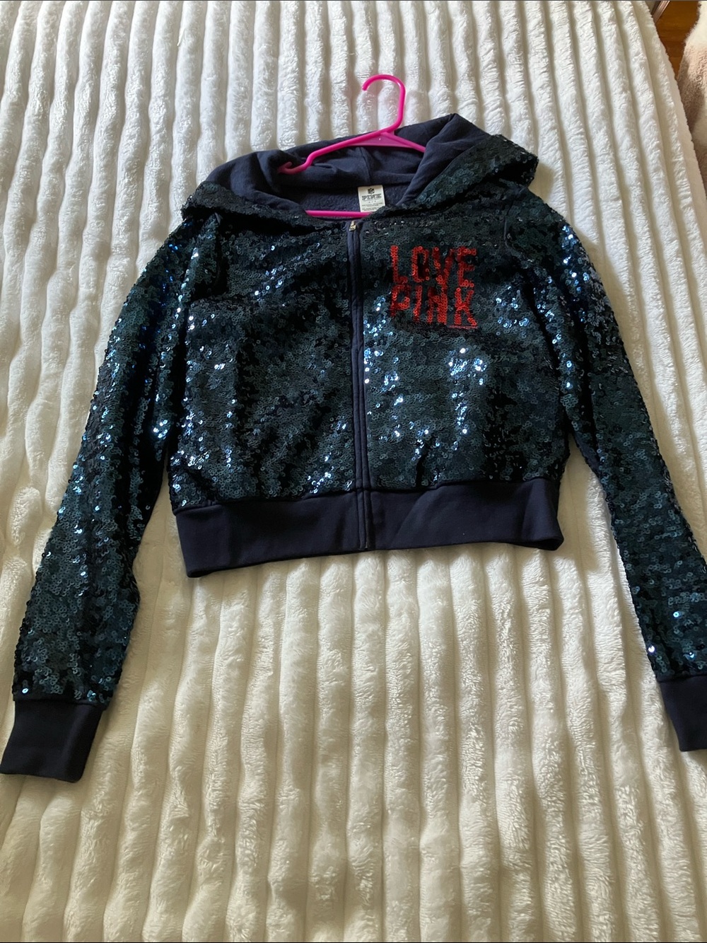 PINK Victoria's Secret Navy Sequin Zip Hoodie with Red 'LOVE PINK' Logo